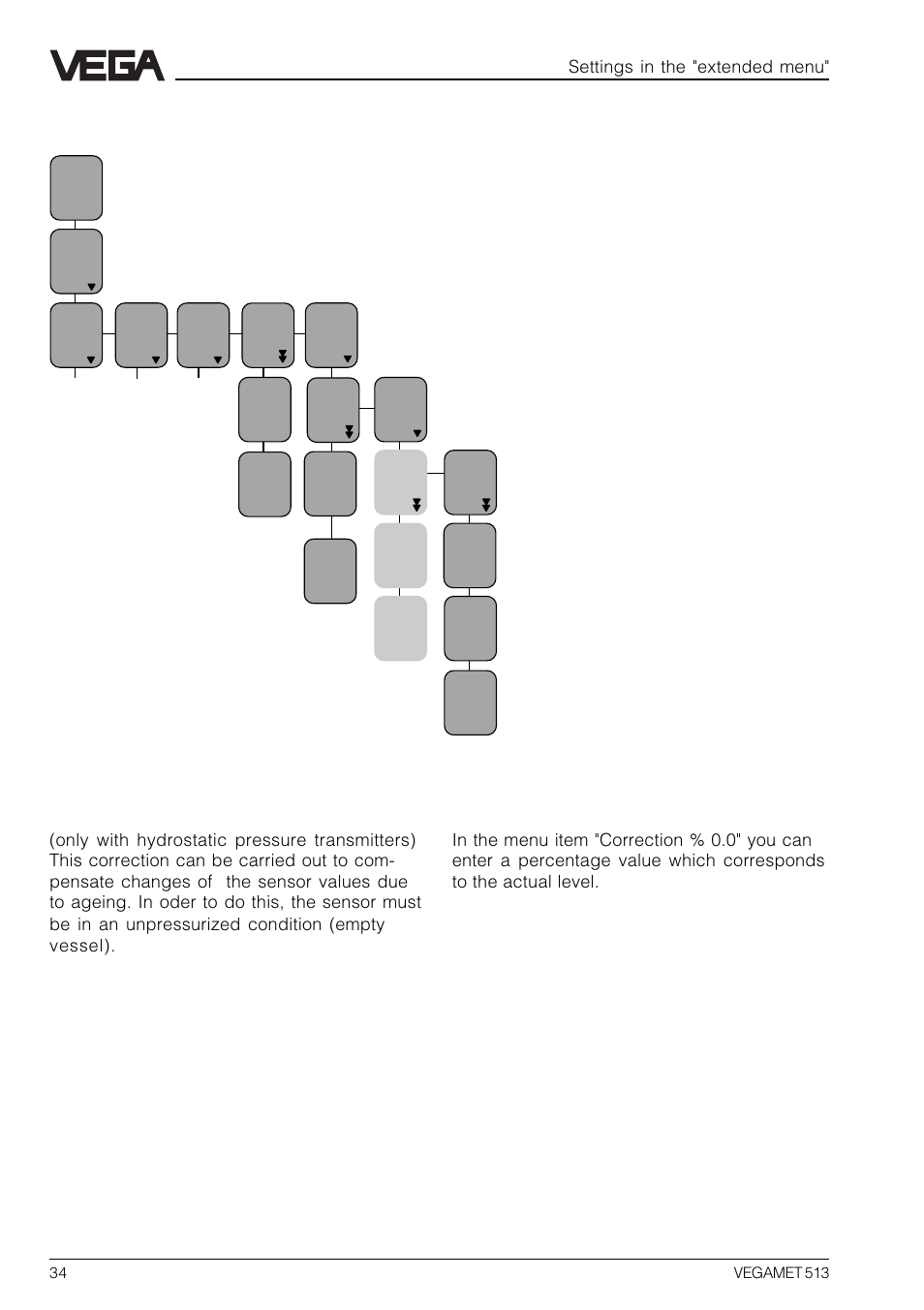 10 special function: manual correction, Settings in the "extended menu | VEGA VEGAMET 513 User Manual | Page 34 / 52