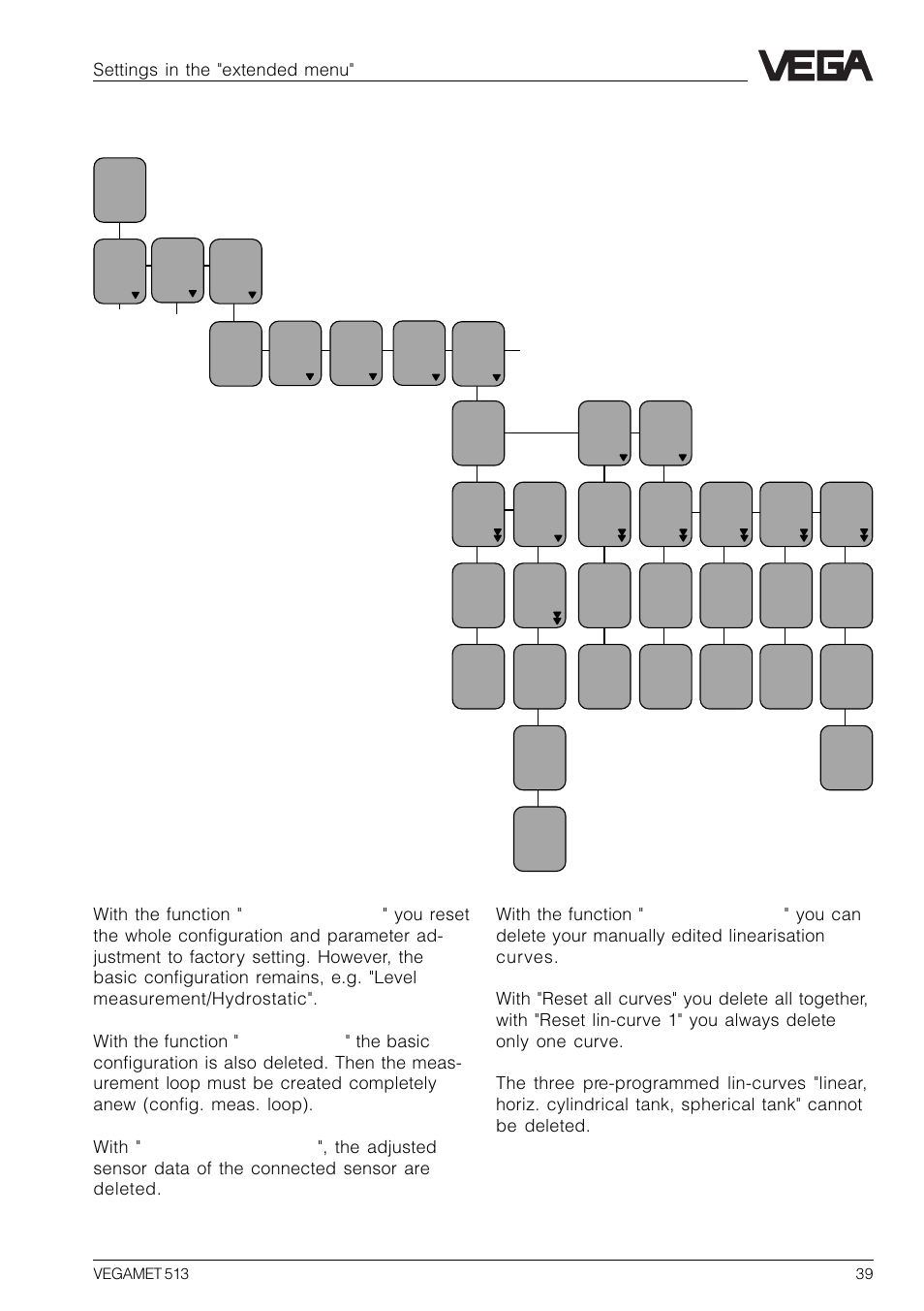 13 reset vegamet, Settings in the "extended menu | VEGA VEGAMET 513 User Manual | Page 39 / 52