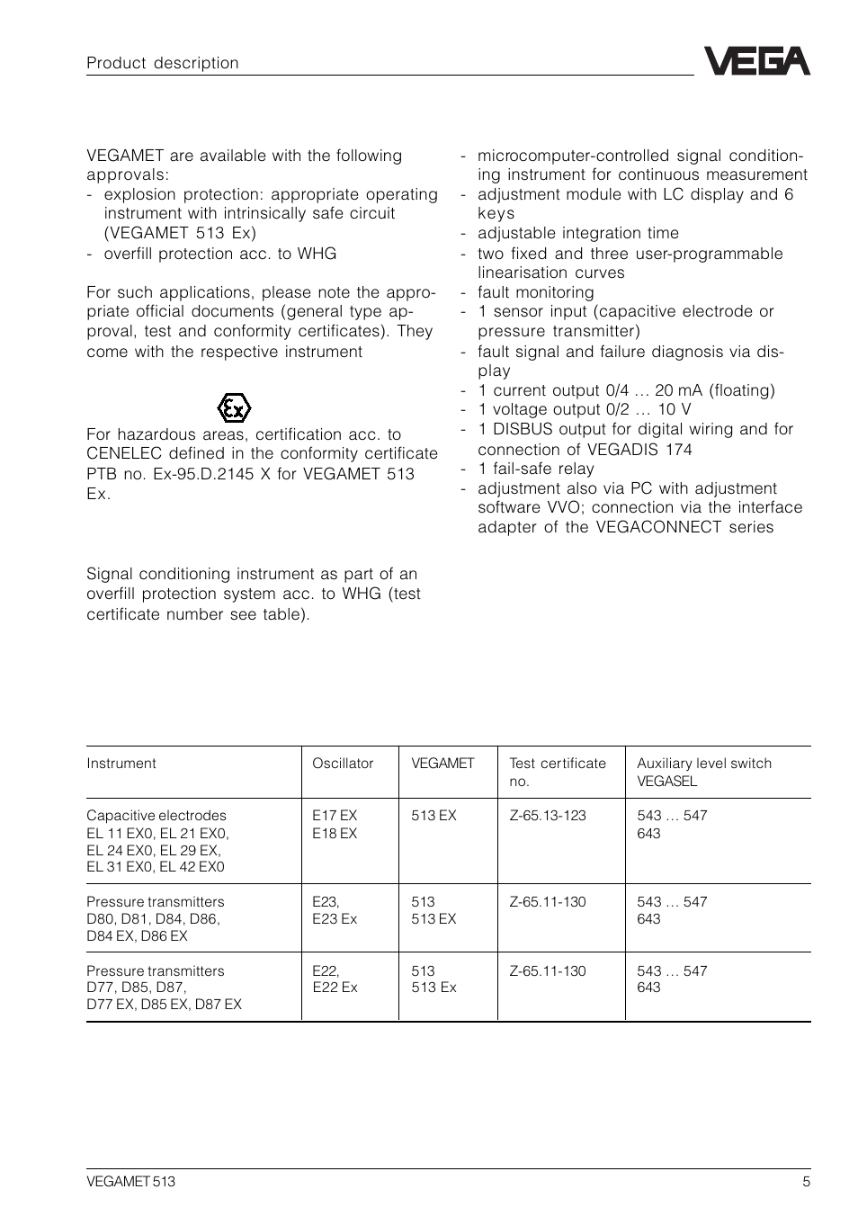 2 approvals, 3 features, Ex approval | Whg approval | VEGA VEGAMET 513 User Manual | Page 5 / 52