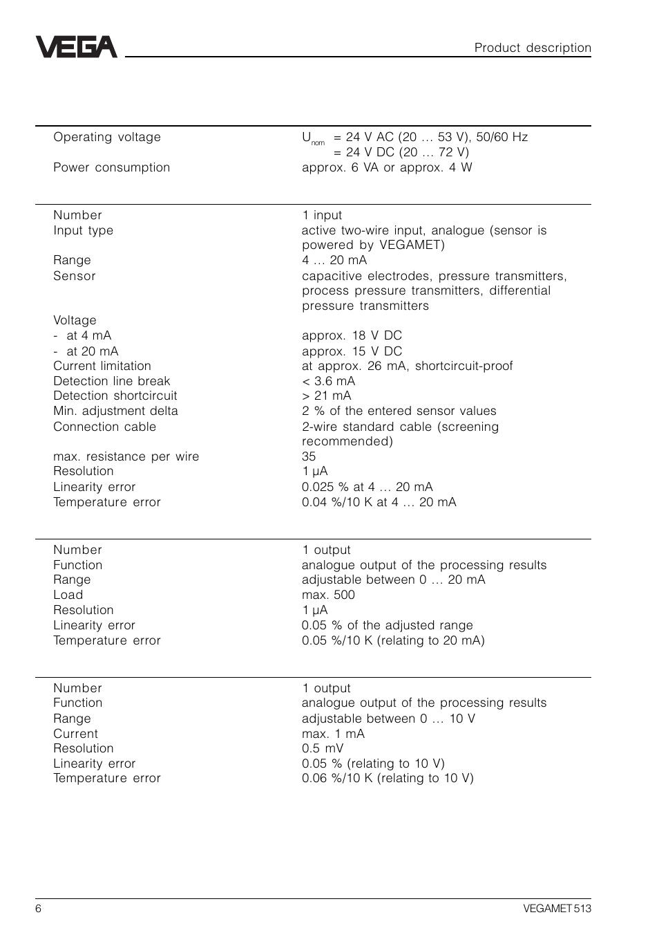 4 technical data | VEGA VEGAMET 513 User Manual | Page 6 / 52