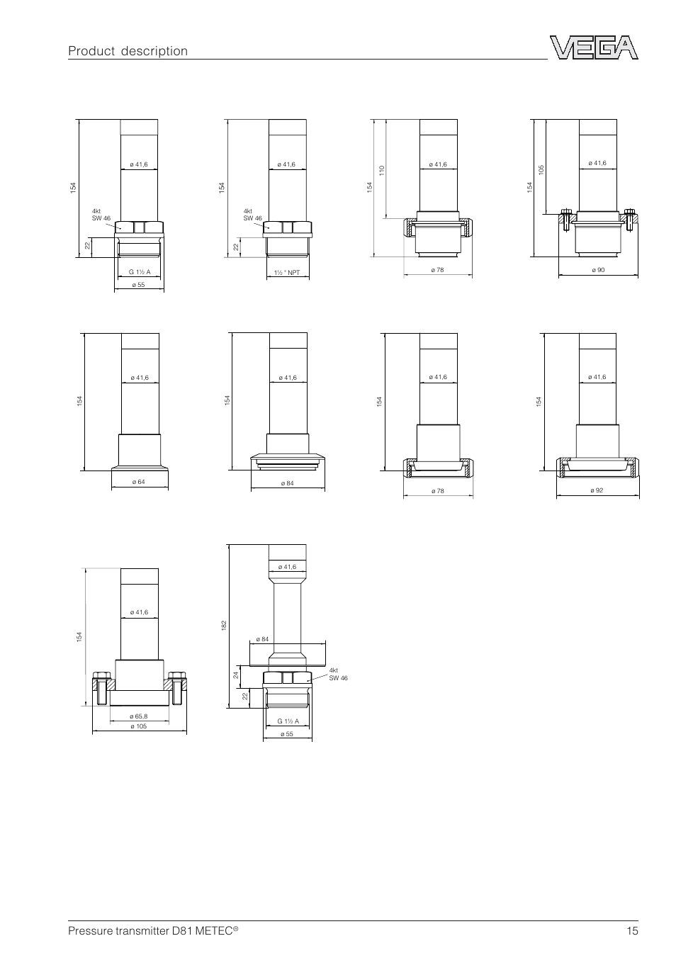 Product description process connections d81 metec, Pressure transmitter d81 metec | VEGA D81 METEC Hydrostatic pressure transmitter User Manual | Page 15 / 44