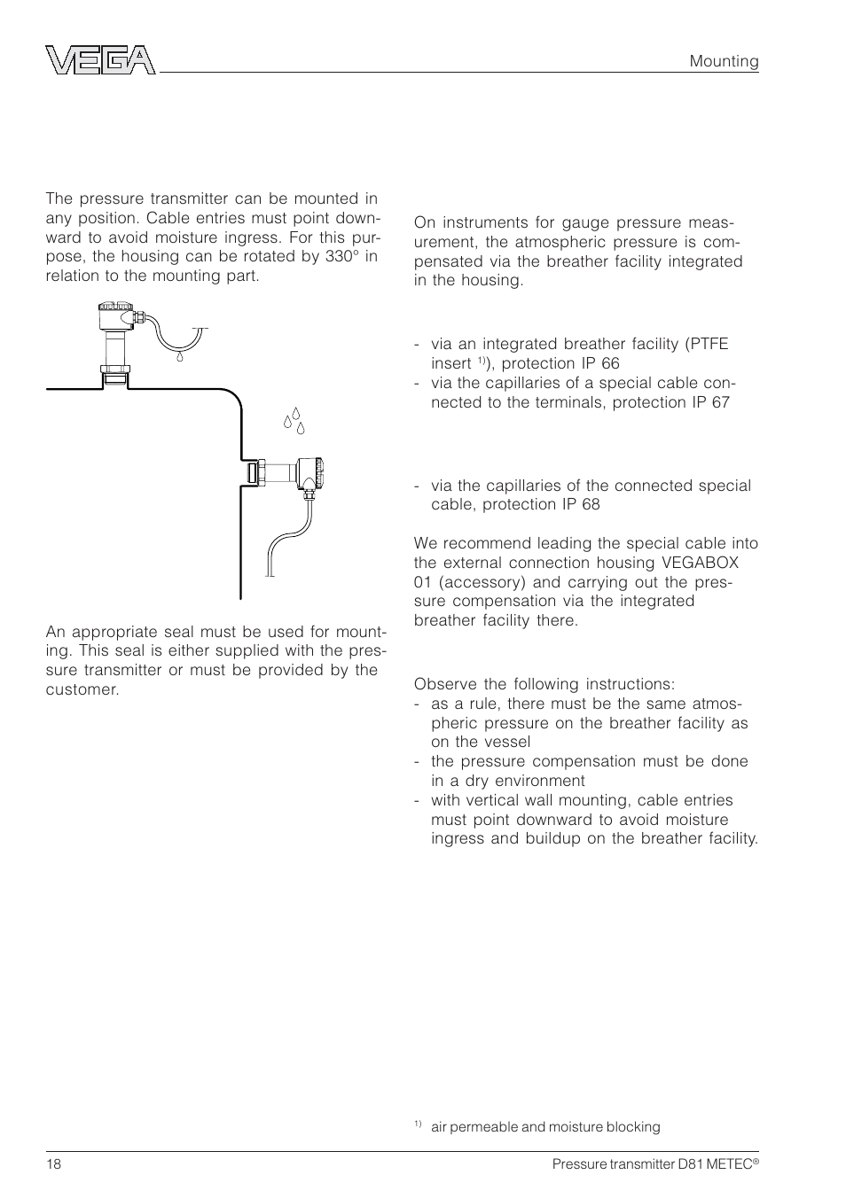 2 mounting, 1 mounting instructions, 2 compensation of the atmospheric pressure | 2 compensation of the atmos- pheric pressure | VEGA D81 METEC Hydrostatic pressure transmitter User Manual | Page 18 / 44