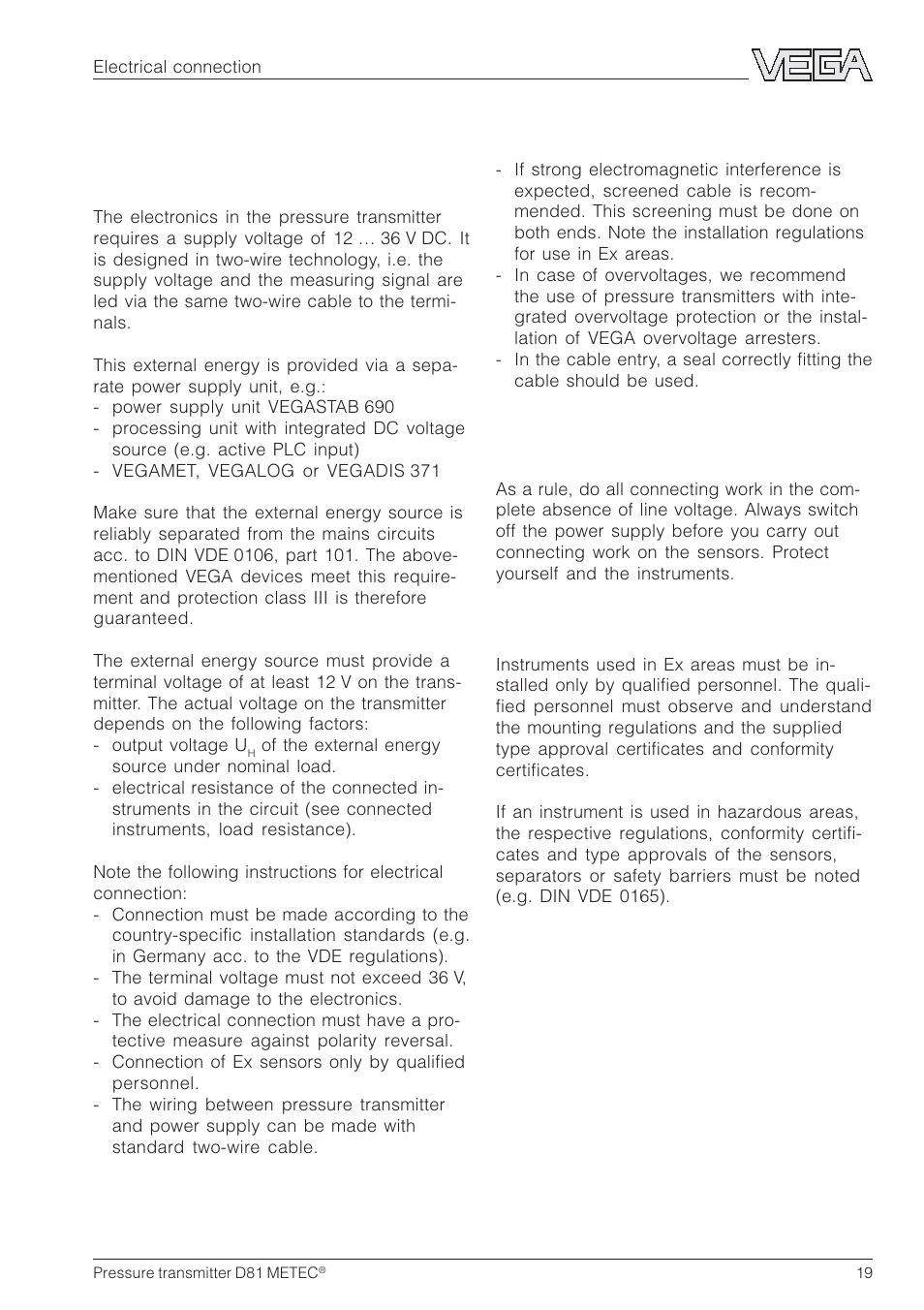 3 electrical connection, 1 connection instructions | VEGA D81 METEC Hydrostatic pressure transmitter User Manual | Page 19 / 44