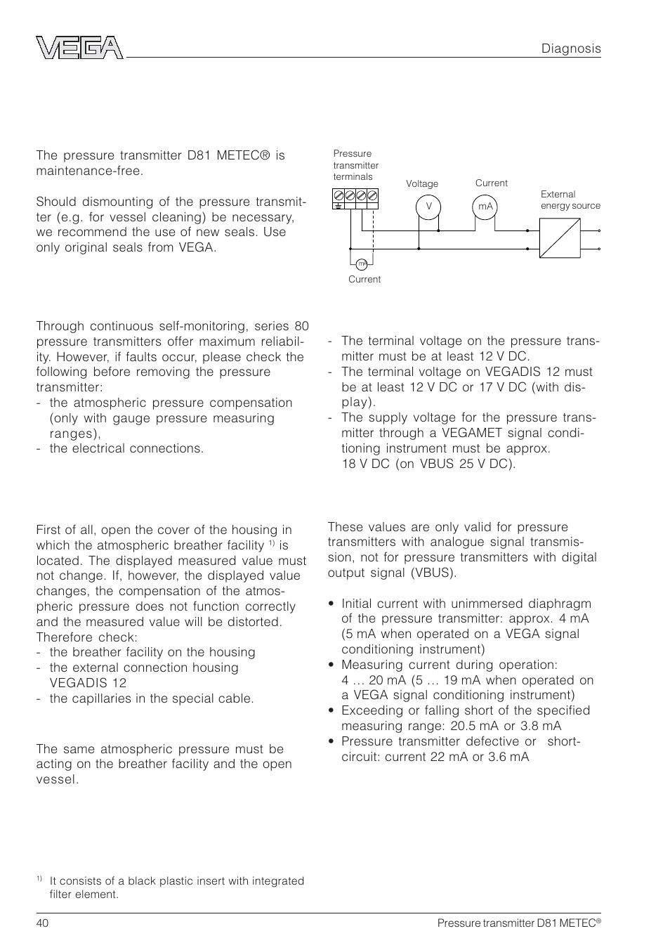 6 diagnosis, Maintenance, Remedying faults | Checking electrical connections, Checking the voltage, Checking the current | VEGA D81 METEC Hydrostatic pressure transmitter User Manual | Page 40 / 44