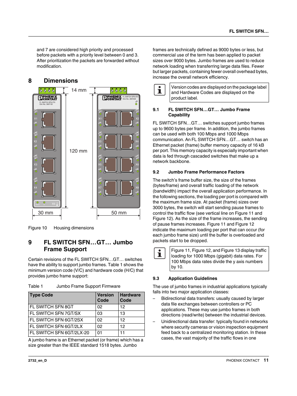 8 dimensions, 9 fl switch sfn…gt… jumbo frame support, 1 fl switch sfn…gt… jumbo frame capability | 2 jumbo frame performance factors, 3 application guidelines, 8dimensions, 9fl switch sfn…gt… jumbo frame support, Fl switch sfn, Figure 10 housing dimensions | VEGA FL SWITCH SFN… User Manual | Page 11 / 13