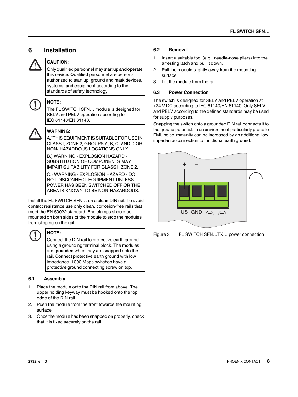 6 installation, 1 assembly, 2 removal | 3 power connection, 6installation | VEGA FL SWITCH SFN… User Manual | Page 8 / 13