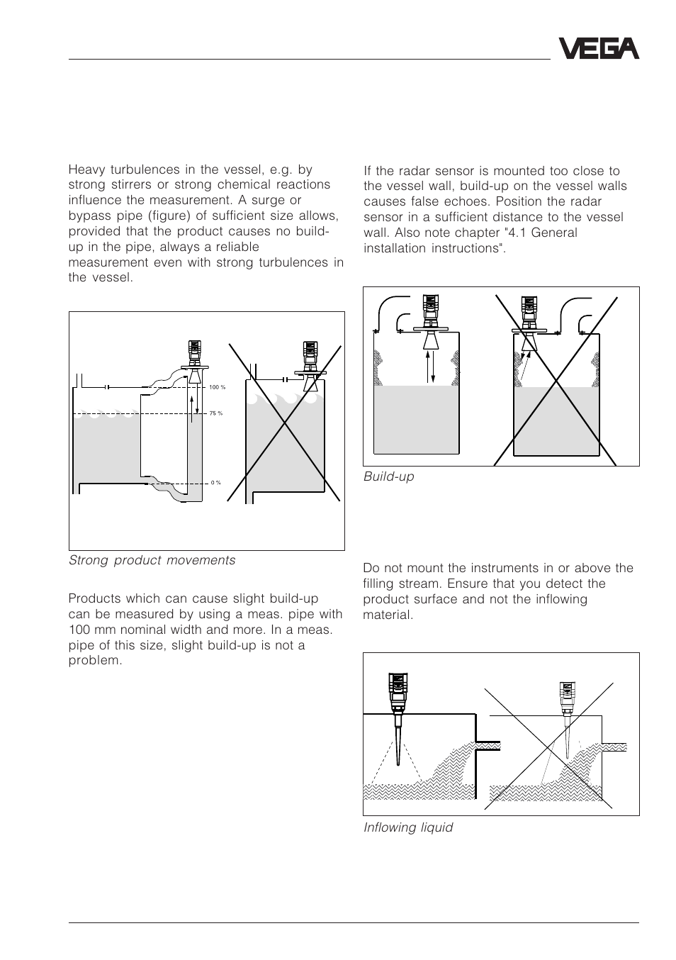 Strong product movements, Build-up, Inflowing material | VEGA VEGAPULS 51V…54V User Manual | Page 37 / 96