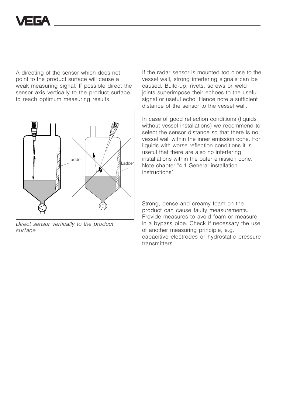 Wrong directing to the product surface, Sensor too close to the vessel wall, Foam generation | VEGA VEGAPULS 51V…54V User Manual | Page 40 / 96