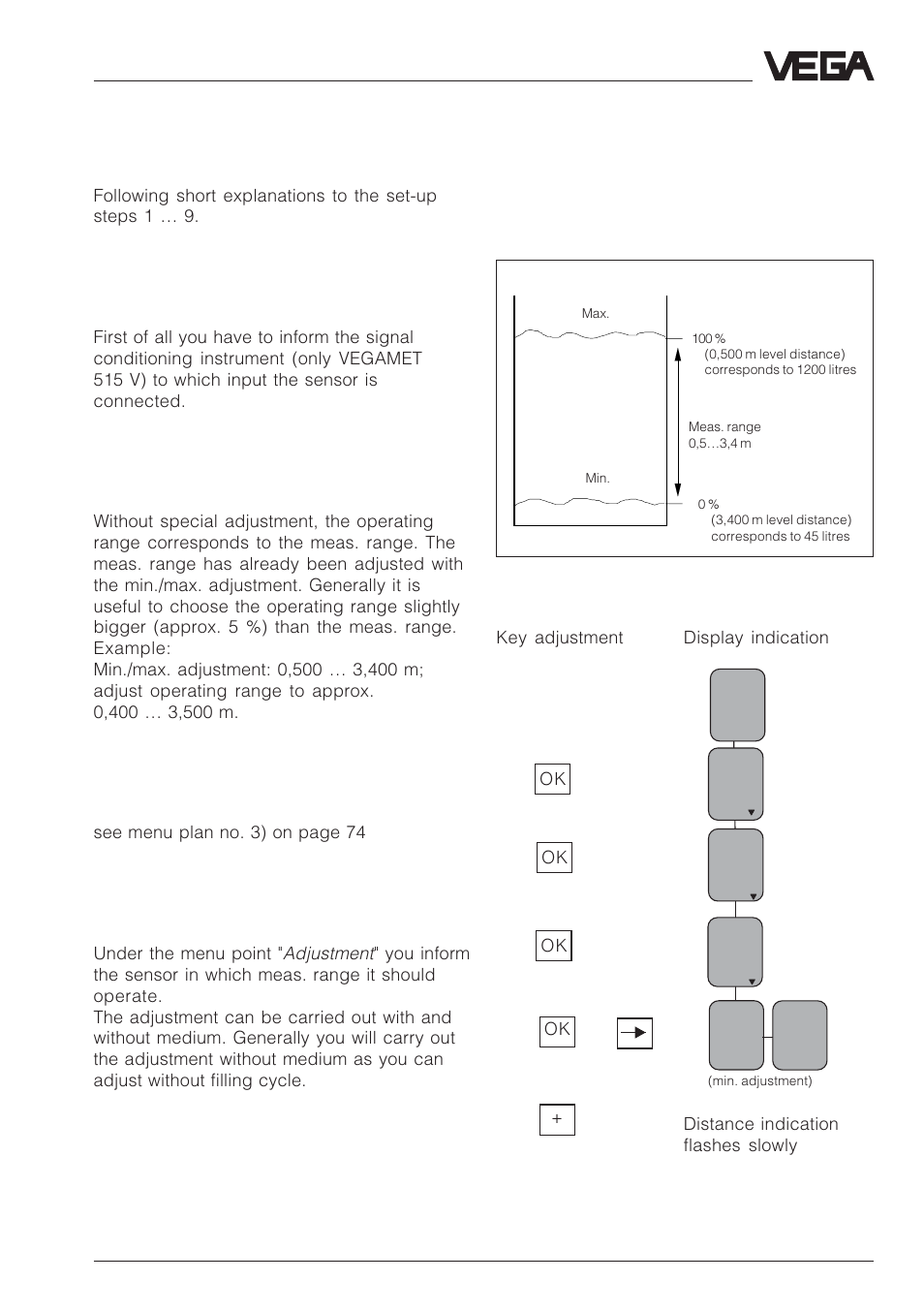 Configuration of the input, ) operating range, ) measuring conditions | ) adjustment | VEGA VEGAPULS 51V…54V User Manual | Page 65 / 96
