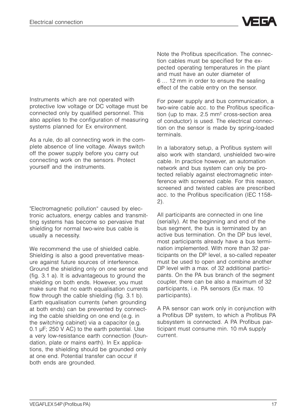3 electrical connection, 1 connection - connection cable - screening, 1 connection – connection cable – screening | VEGA VEGAFLEX 54P (Profibus PA) User Manual | Page 17 / 48