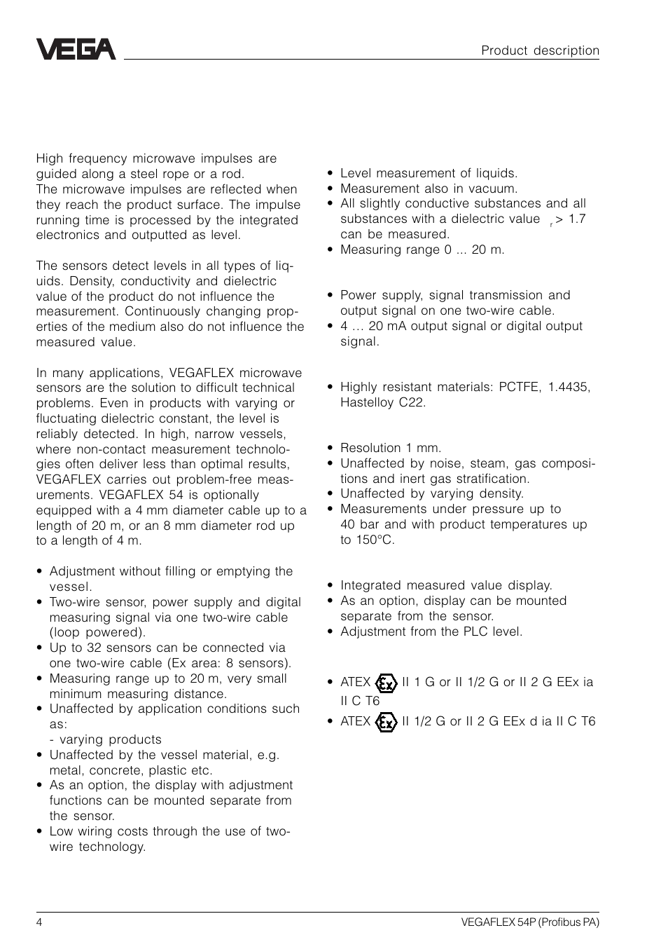 1 product description, 1 function, 2 application features | VEGA VEGAFLEX 54P (Profibus PA) User Manual | Page 4 / 48