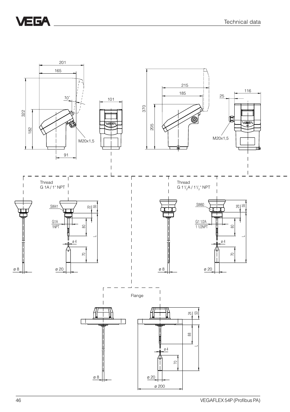 2 dimensions, Technical data plastic housing aluminium housing | VEGA VEGAFLEX 54P (Profibus PA) User Manual | Page 46 / 48