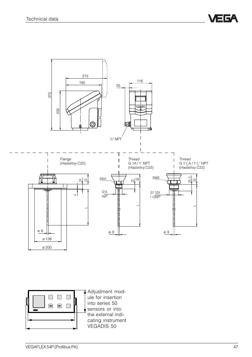 Technical data, Aluminium housing with exd terminal compartment, Adjustment module minicom | VEGA VEGAFLEX 54P (Profibus PA) User Manual | Page 47 / 48