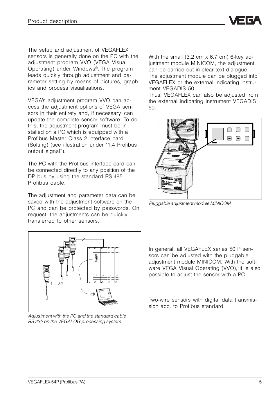 3 types and versions, Adjustment with pc, Vegaflex series 50 p | Adjustment with adjustment module minicom, Product description | VEGA VEGAFLEX 54P (Profibus PA) User Manual | Page 5 / 48