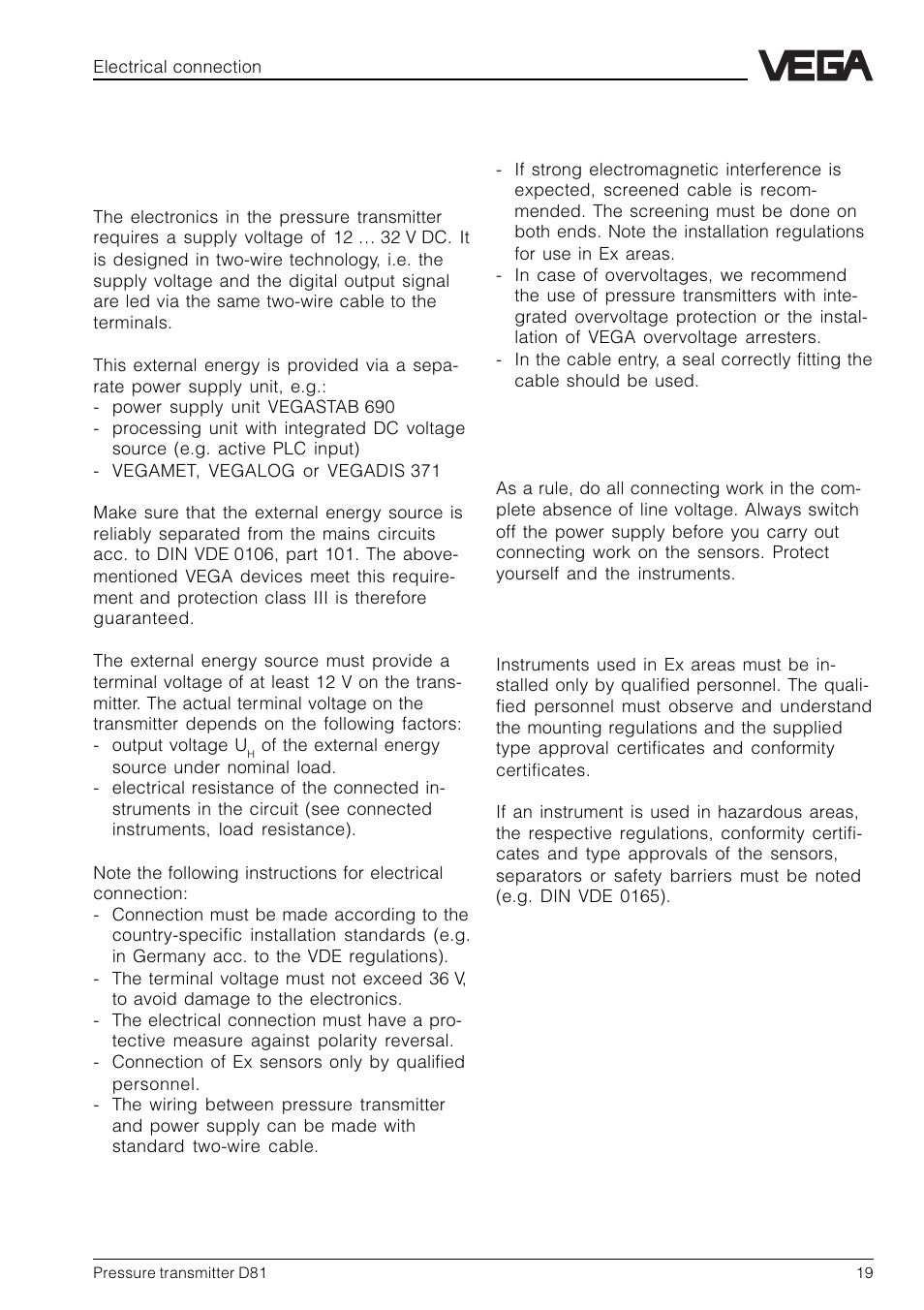 3 electrical connection, 1 connection instructions | VEGA D81 Hydrostatic pressure transmitter User Manual | Page 19 / 44