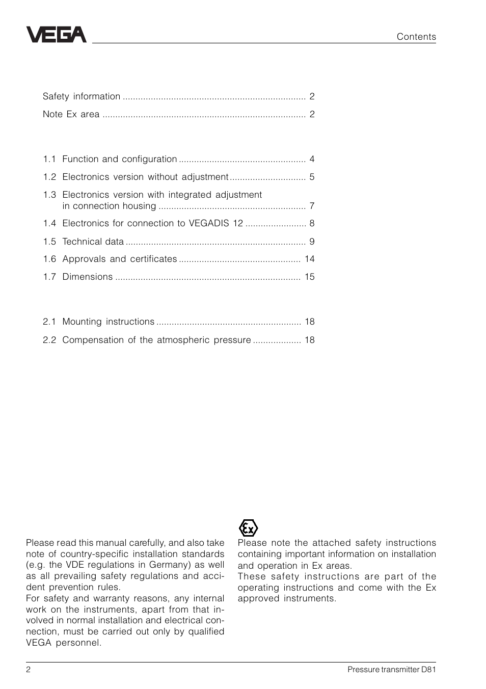 VEGA D81 Hydrostatic pressure transmitter User Manual | Page 2 / 44
