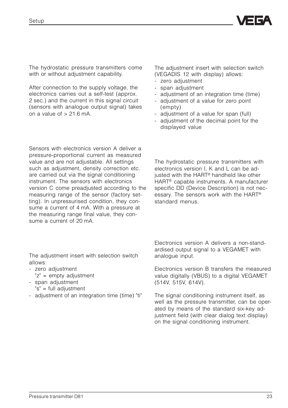 4 setup, 1 adjustment structure | VEGA D81 Hydrostatic pressure transmitter User Manual | Page 23 / 44