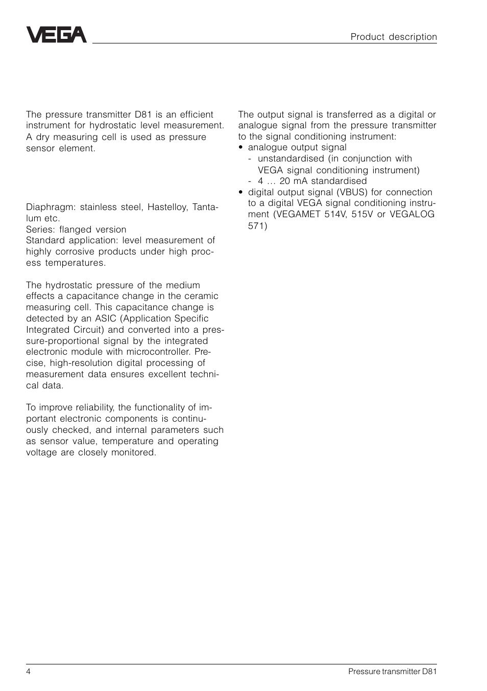 1 product description, 1 function and configuration | VEGA D81 Hydrostatic pressure transmitter User Manual | Page 4 / 44