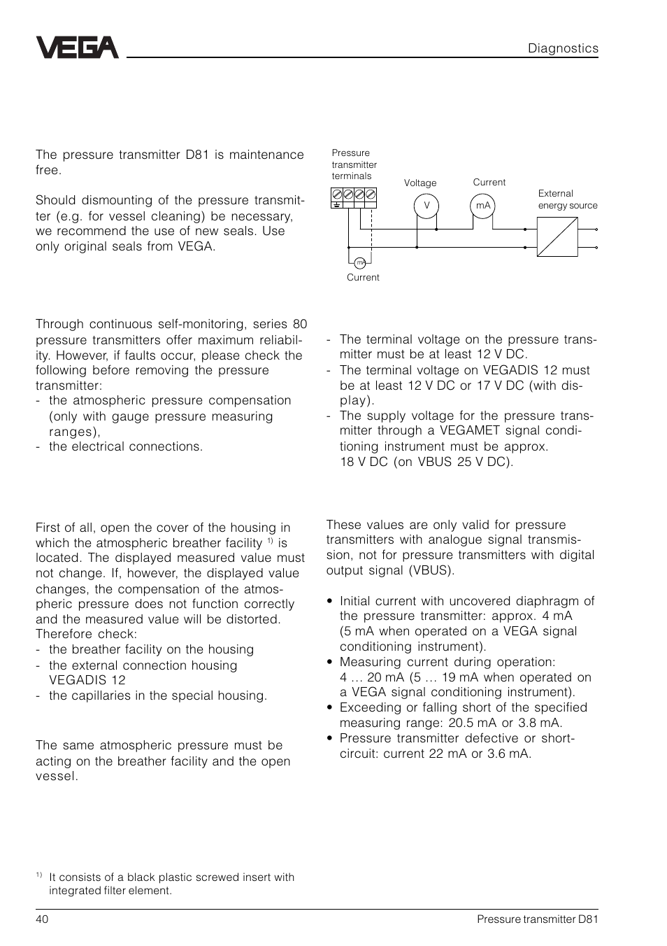 6 diagnostics, Maintenance, Remedying faults | Checking electrical connections, Checking the voltage, Checking the current | VEGA D81 Hydrostatic pressure transmitter User Manual | Page 40 / 44