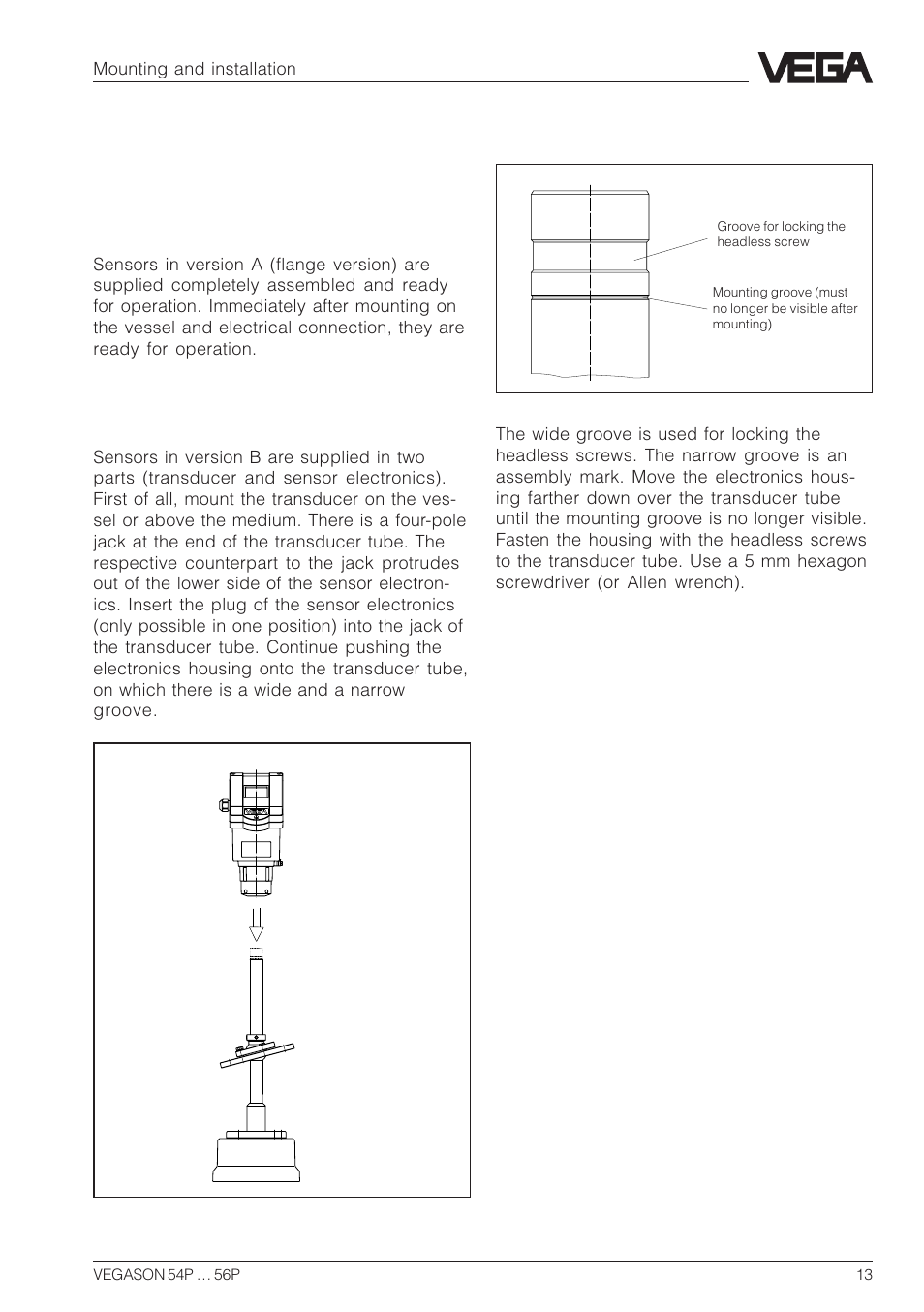 2 mounting and installation, 1 mounting | VEGA VEGASON 54P…56P Profibus PA User Manual | Page 13 / 68