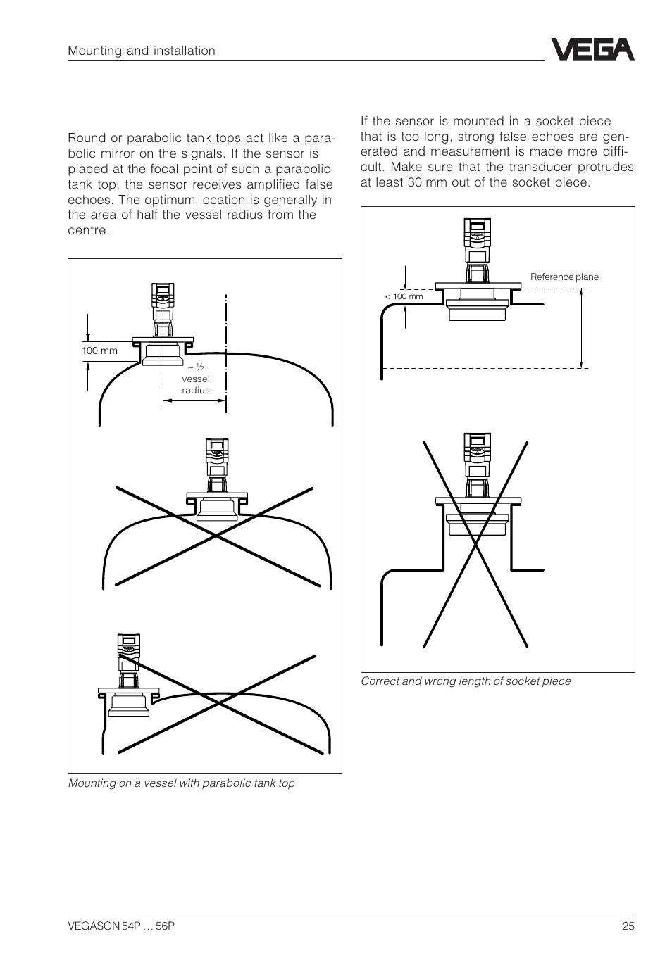 Parabolic effects of rounded or arched vessel tops, Socket piece too long | VEGA VEGASON 54P…56P Profibus PA User Manual | Page 25 / 68