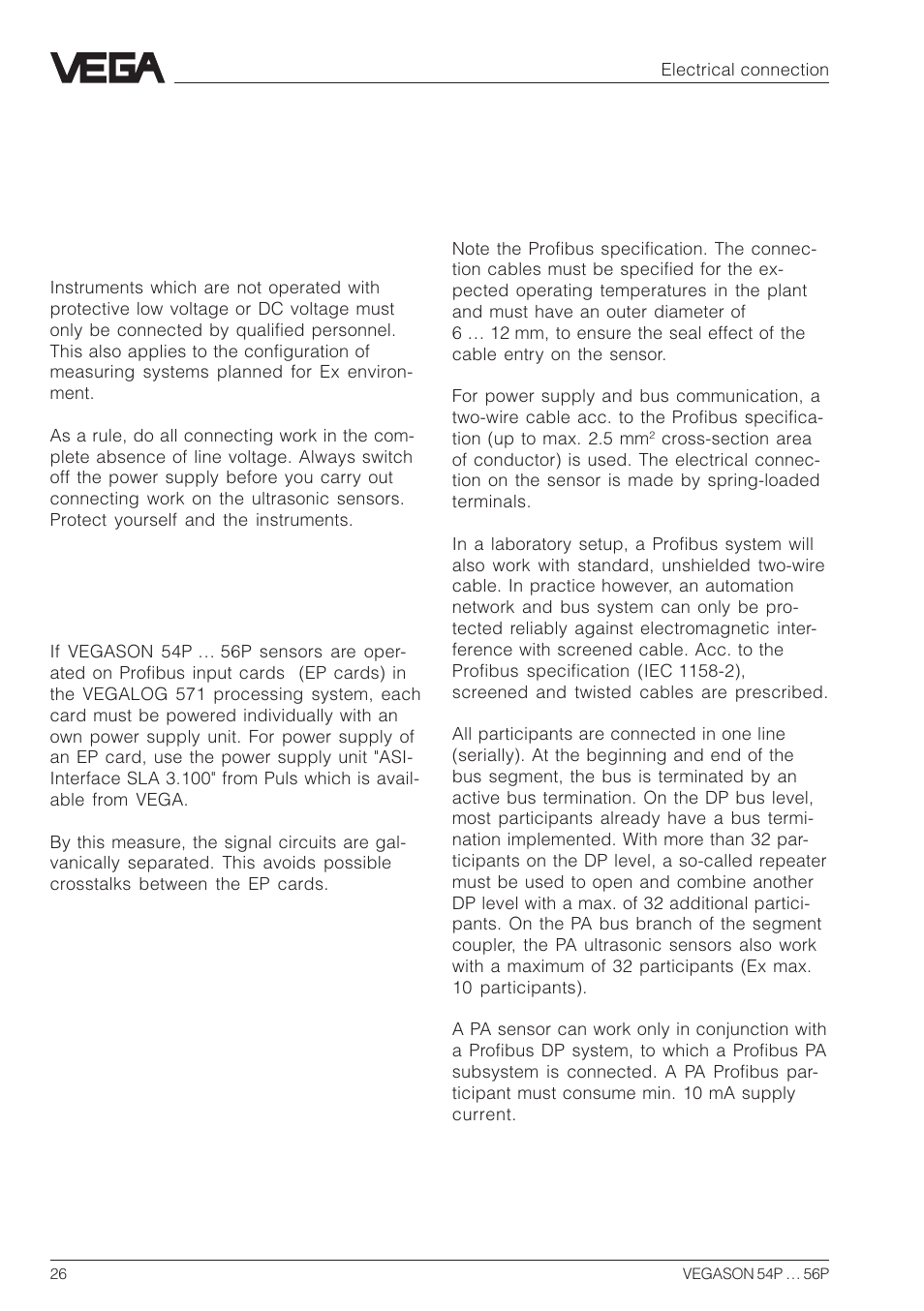 3 electrical connection, 1 connection, 2 connection cables and bus configuration | 2 connection cables and bus con- figuration | VEGA VEGASON 54P…56P Profibus PA User Manual | Page 26 / 68