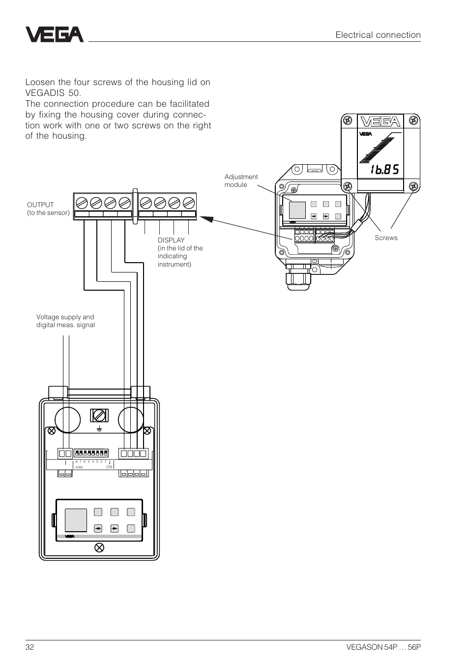 5 connection of the external indicating instrument, Electrical connection, Vegadis 50 | VEGA VEGASON 54P…56P Profibus PA User Manual | Page 32 / 68