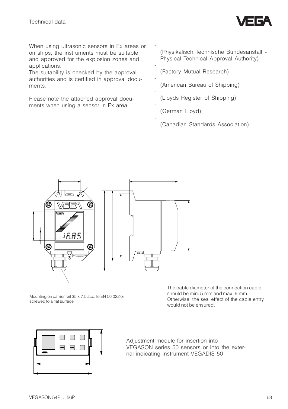 3 approvals, 4 dimensions, External indicating instrument vegadis 50 | Adjustment module minicom, Test and approval authorities | VEGA VEGASON 54P…56P Profibus PA User Manual | Page 63 / 68