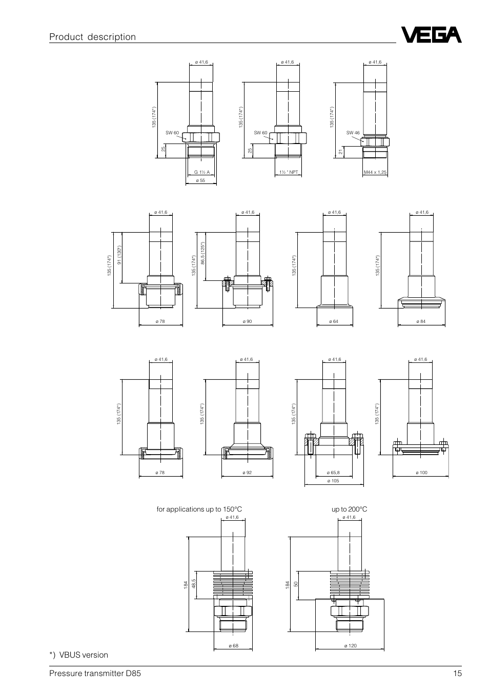 Product description process connections d85, Pressure transmitter d85 15, Vbus version | VEGA D85 Hydrostatic pressure transmitter User Manual | Page 15 / 44