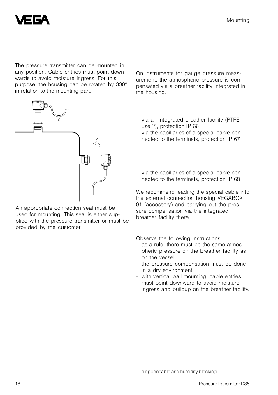 2 mounting, 1 mounting instructions, 2 compensation of the atmospheric pressure | 2 compensation of the atmos- pheric pressure | VEGA D85 Hydrostatic pressure transmitter User Manual | Page 18 / 44