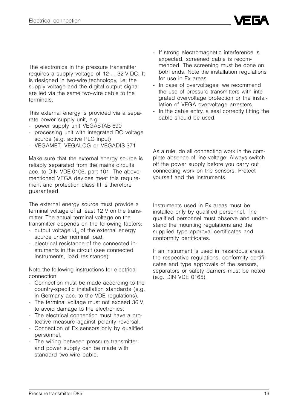 3 electrical connection, 1 connection instructions | VEGA D85 Hydrostatic pressure transmitter User Manual | Page 19 / 44