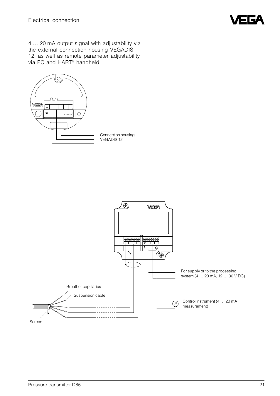 Electronics version l, Electrical connection, Handheld | Pressure transmitter d85 21 | VEGA D85 Hydrostatic pressure transmitter User Manual | Page 21 / 44