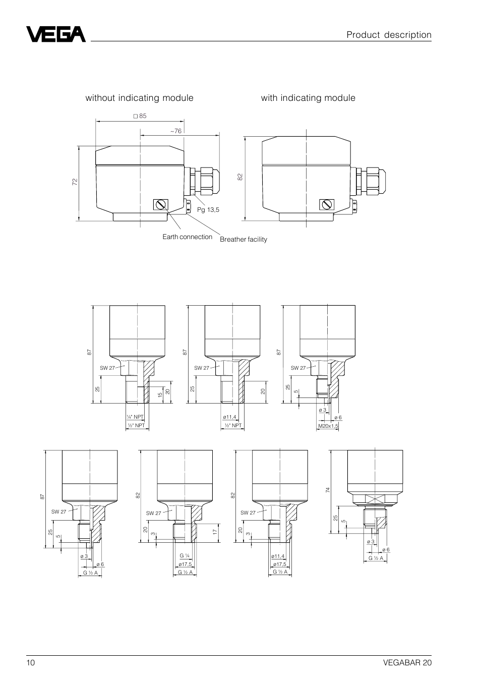5 dimensions, Product description, Process connections | 10 vegabar 20 | VEGA VEGABAR 20 User Manual | Page 10 / 24