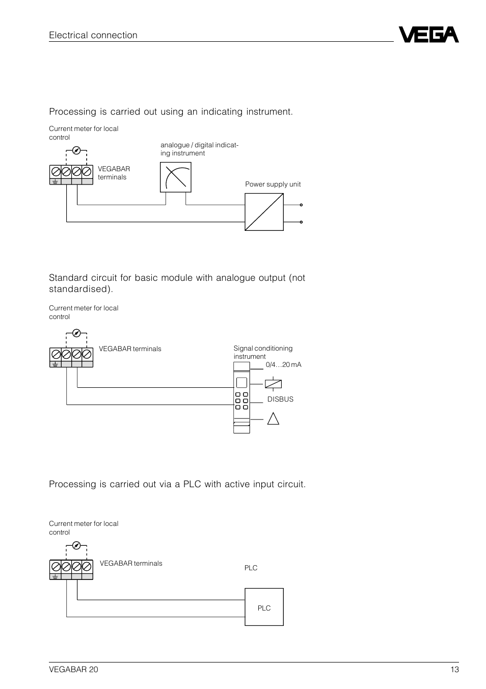 3 connection examples, Supply via a signal conditioning instrument, Supply via a plc with active input circuit | Supply via power supply unit | VEGA VEGABAR 20 User Manual | Page 13 / 24