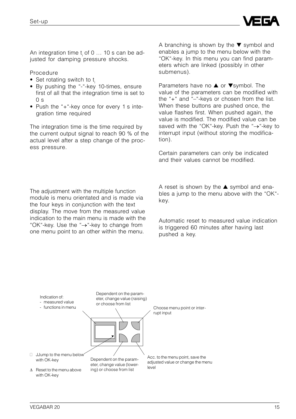 2 menu-guided adjustment with additional functions, Fi adjustment elements integration time | VEGA VEGABAR 20 User Manual | Page 15 / 24