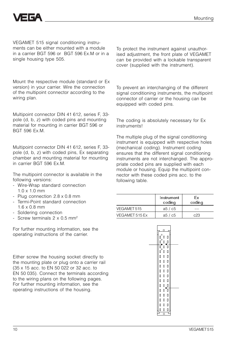 2 mounting, Mounting in carrier, Mounting in single housing | Transparent cover, Coding | VEGA VEGAMET 515 User Manual | Page 10 / 68