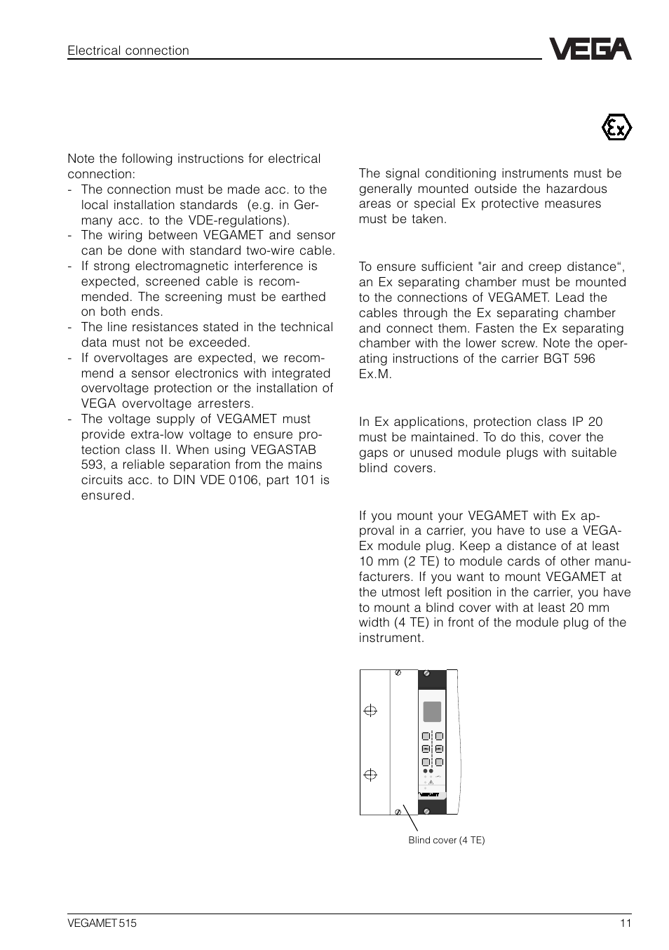 3 electrical connection, 1 connection instructions, Ex separating chamber | Protection in ex applications, Mounting in carriers | VEGA VEGAMET 515 User Manual | Page 11 / 68