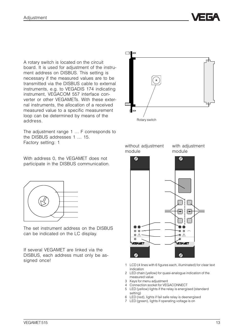 4 adjustment, 1 indicating and adjustment elements, 1 indicating and adjustment ele- ments | Front plate vegamet 515 | VEGA VEGAMET 515 User Manual | Page 13 / 68