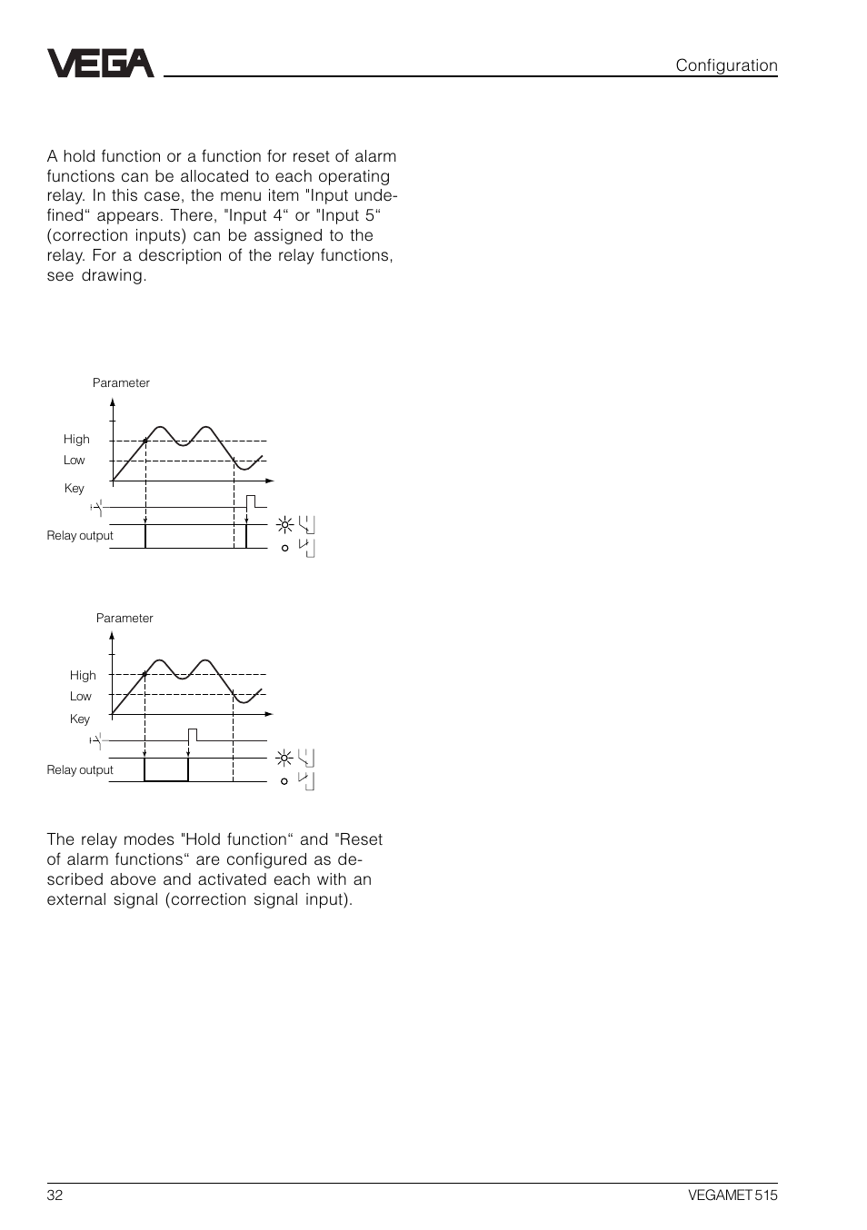 Relay outputs, Configuration, Reset of alarm functions | VEGA VEGAMET 515 User Manual | Page 32 / 68