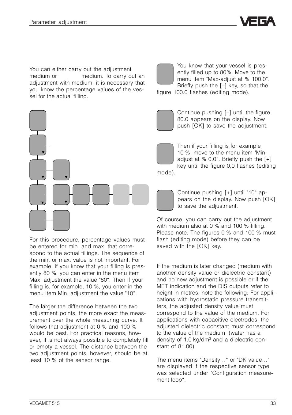 7 parameter adjustment, 1 adjustment with medium | VEGA VEGAMET 515 User Manual | Page 33 / 68