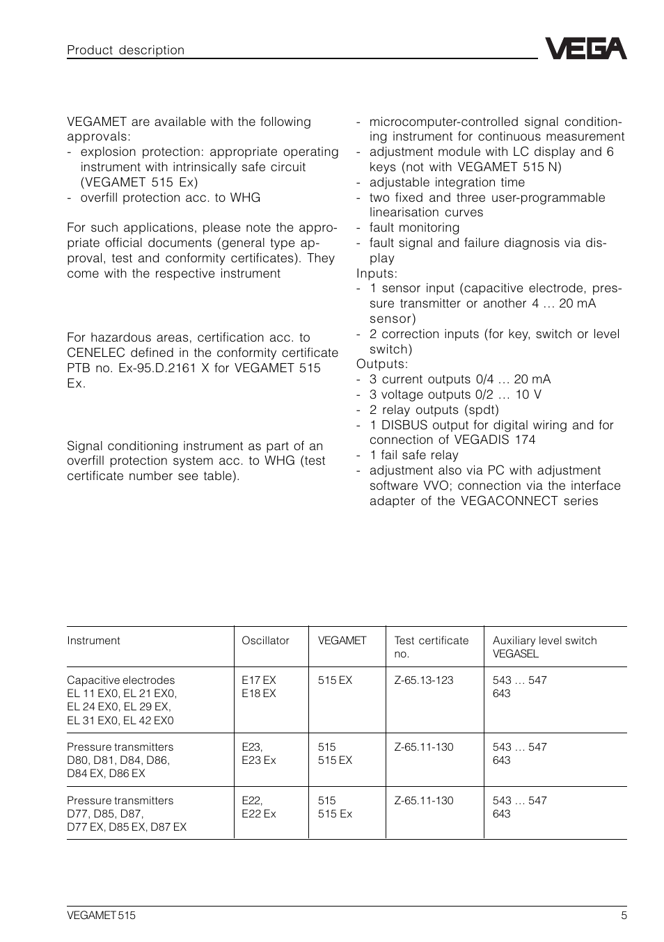 2 approvals, 3 features, Ex approval | Whg approval | VEGA VEGAMET 515 User Manual | Page 5 / 68