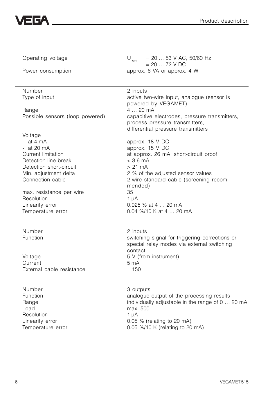 4 technical data | VEGA VEGAMET 515 User Manual | Page 6 / 68