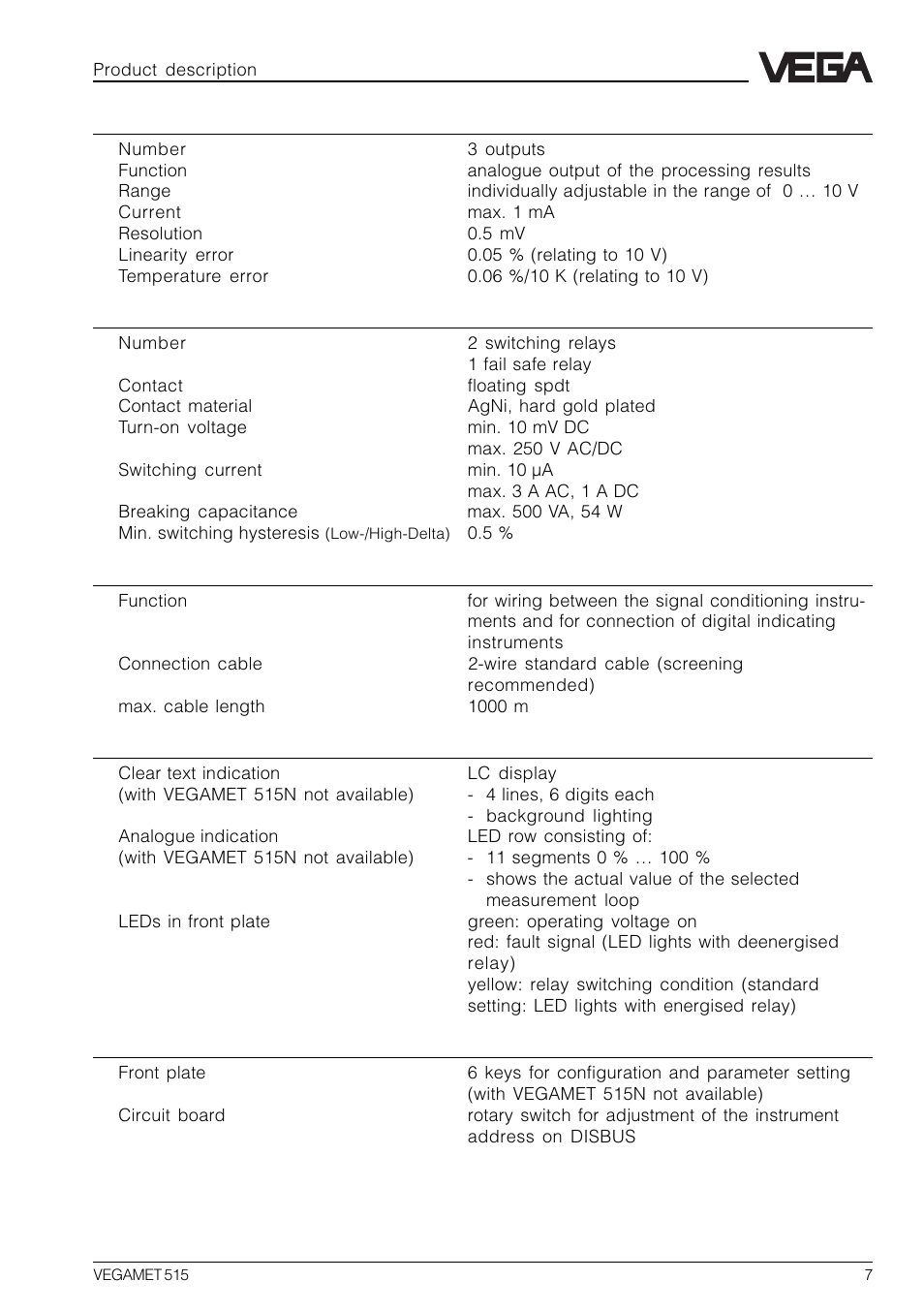 VEGA VEGAMET 515 User Manual | Page 7 / 68