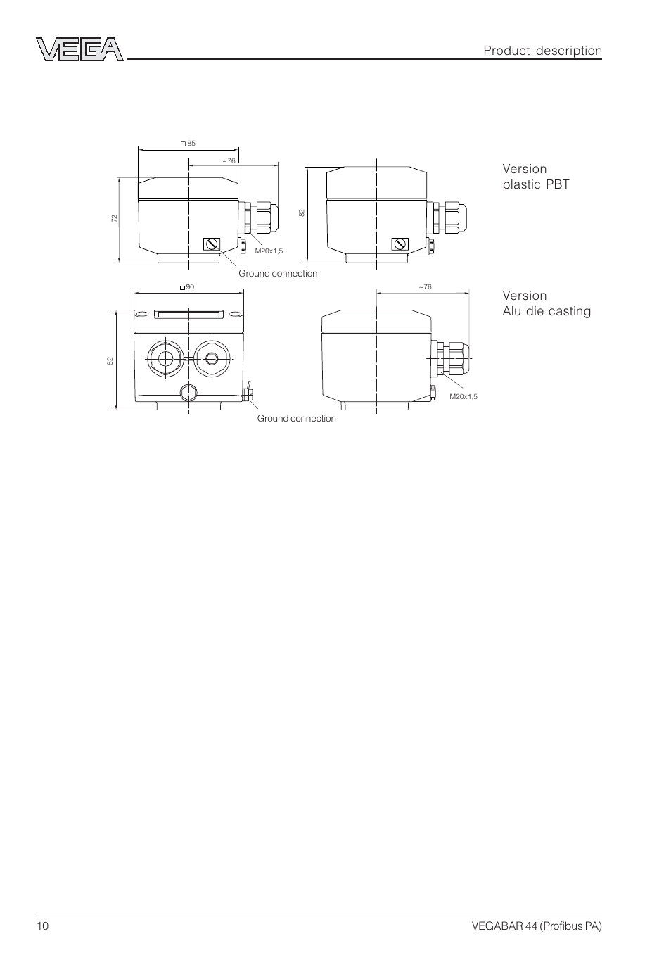 5 dimensions, Version plastic pbt version alu die casting | VEGA VEGABAR 44 Profibus PA User Manual | Page 10 / 36