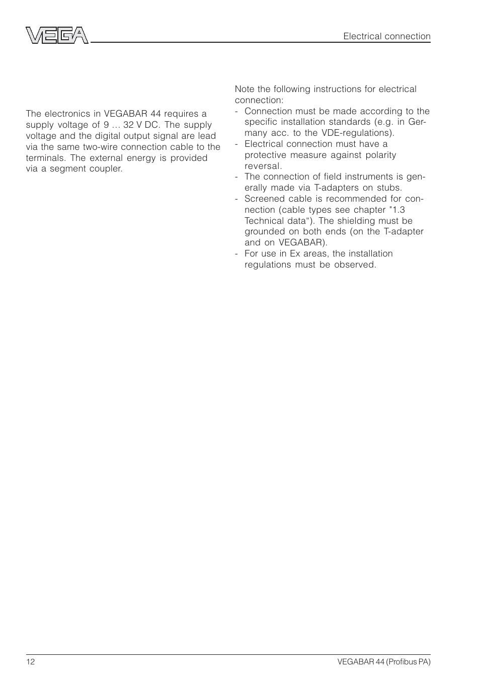 2 electrical connection, 1 connection instructions | VEGA VEGABAR 44 Profibus PA User Manual | Page 12 / 36