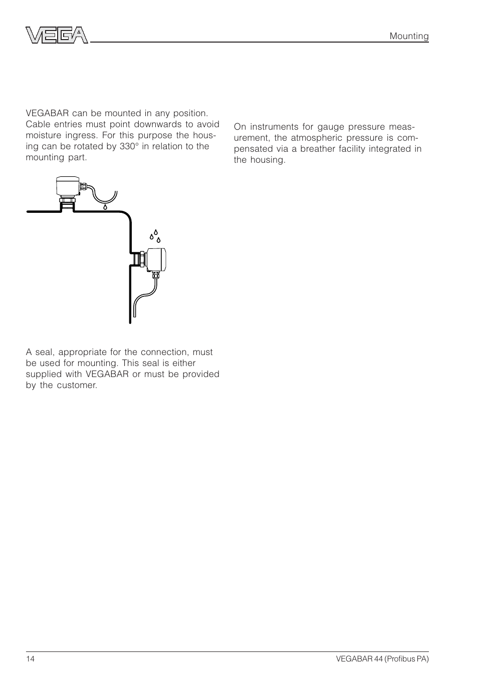 3 mounting, 1 mounting instructions, 2 compensation of the atmospheric pressure | VEGA VEGABAR 44 Profibus PA User Manual | Page 14 / 36