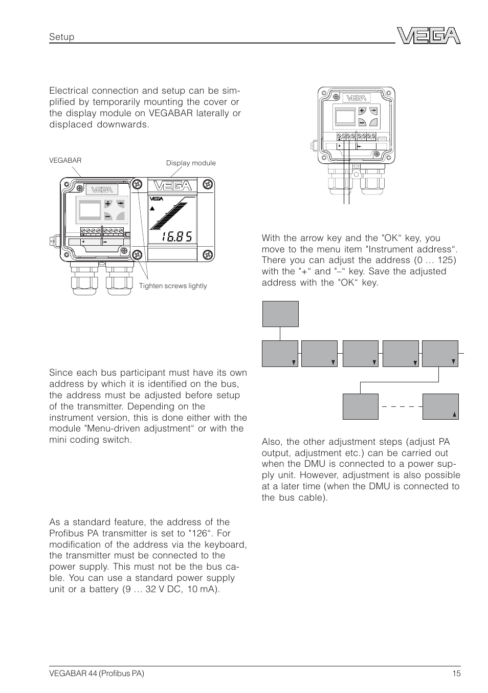 4 setup, 1 adjustment of the profibus pa address, 0 - 20 bar | Vegabar 44 (profibus pa) 15 | VEGA VEGABAR 44 Profibus PA User Manual | Page 15 / 36