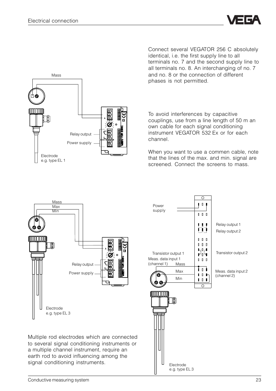 3 electrical connection, 1 vegator 256c, 2 vegator 532 ex | Pump control (min-max-control), Level detection, Double level detection, Electrical connection, Conductive measuring system 23 | VEGA Conductive electrodes User Manual | Page 23 / 40