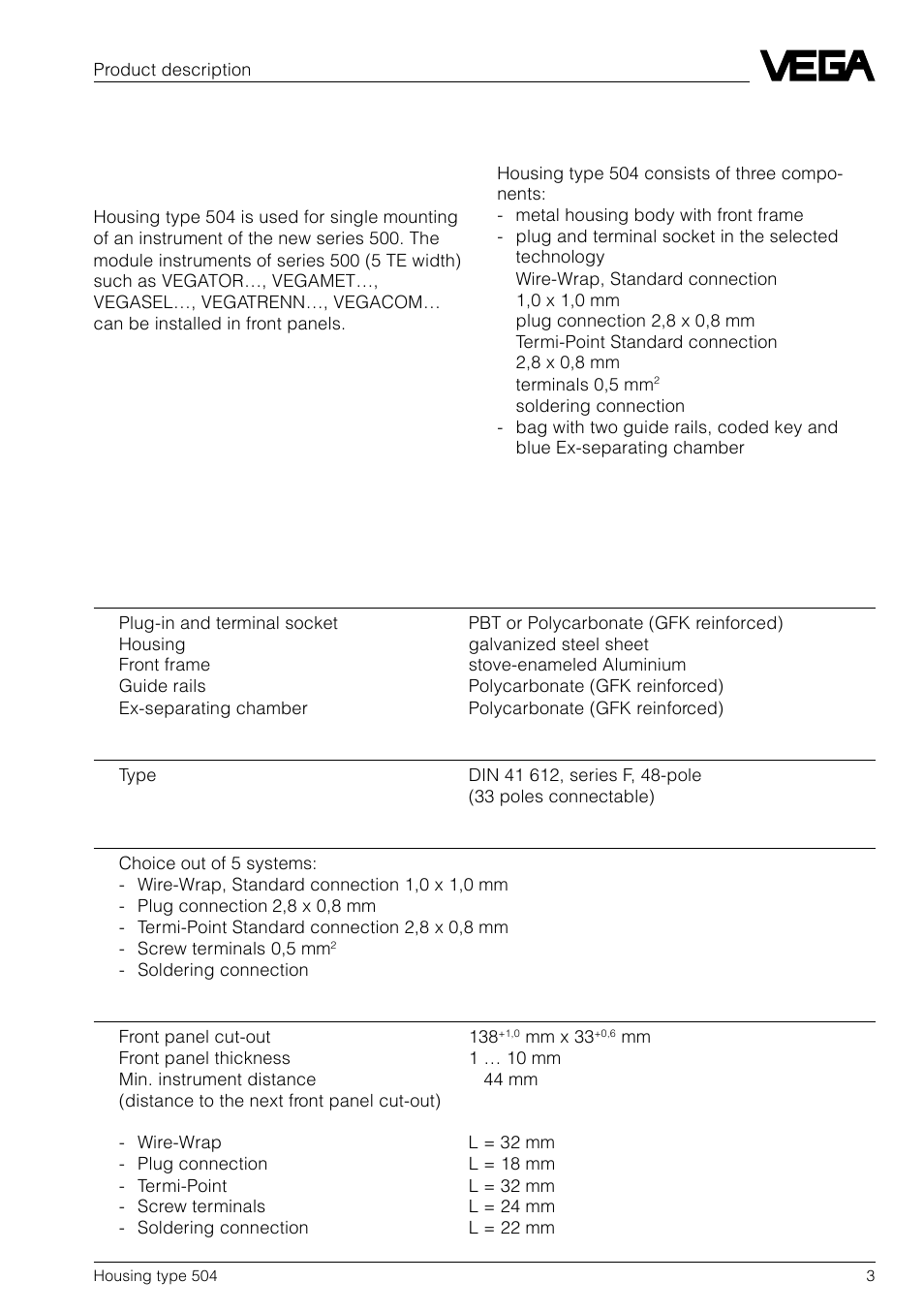 1 product description, 1 function and configuration, 2 technical data | VEGA Housing type 504 User Manual | Page 3 / 8