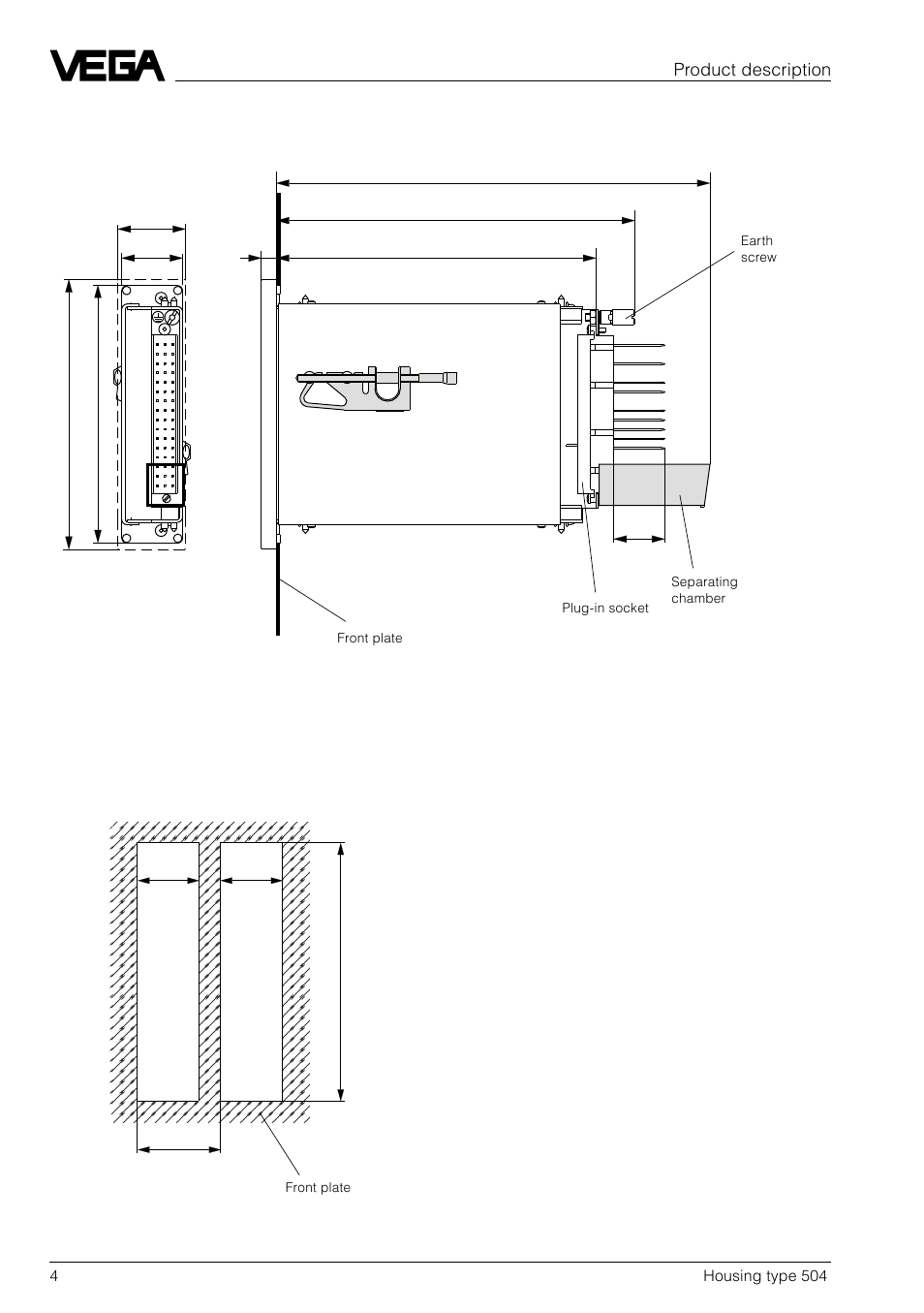 3 dimensions, Front panel cut-outs, Product description | 4housing type 504 | VEGA Housing type 504 User Manual | Page 4 / 8